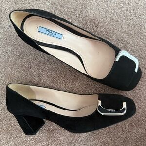 EUC PRADA Buckle Black Suede Block Heel Pumps